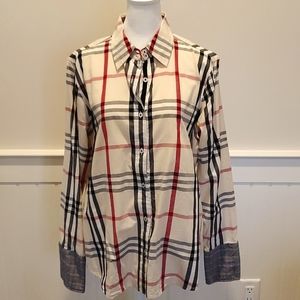 Tizzie Burberry-esque top. Gorgeous details. Never worn. Tan, black & red.